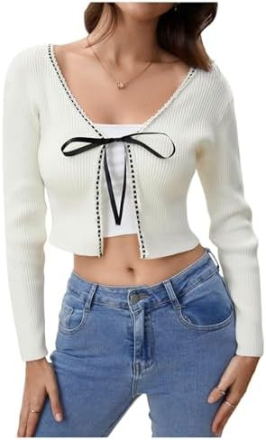 Floerns Women's Tie Front Long Sleeve Rib Knit Shrug Sweaters Cardigan Crop Top | Amazon (US)