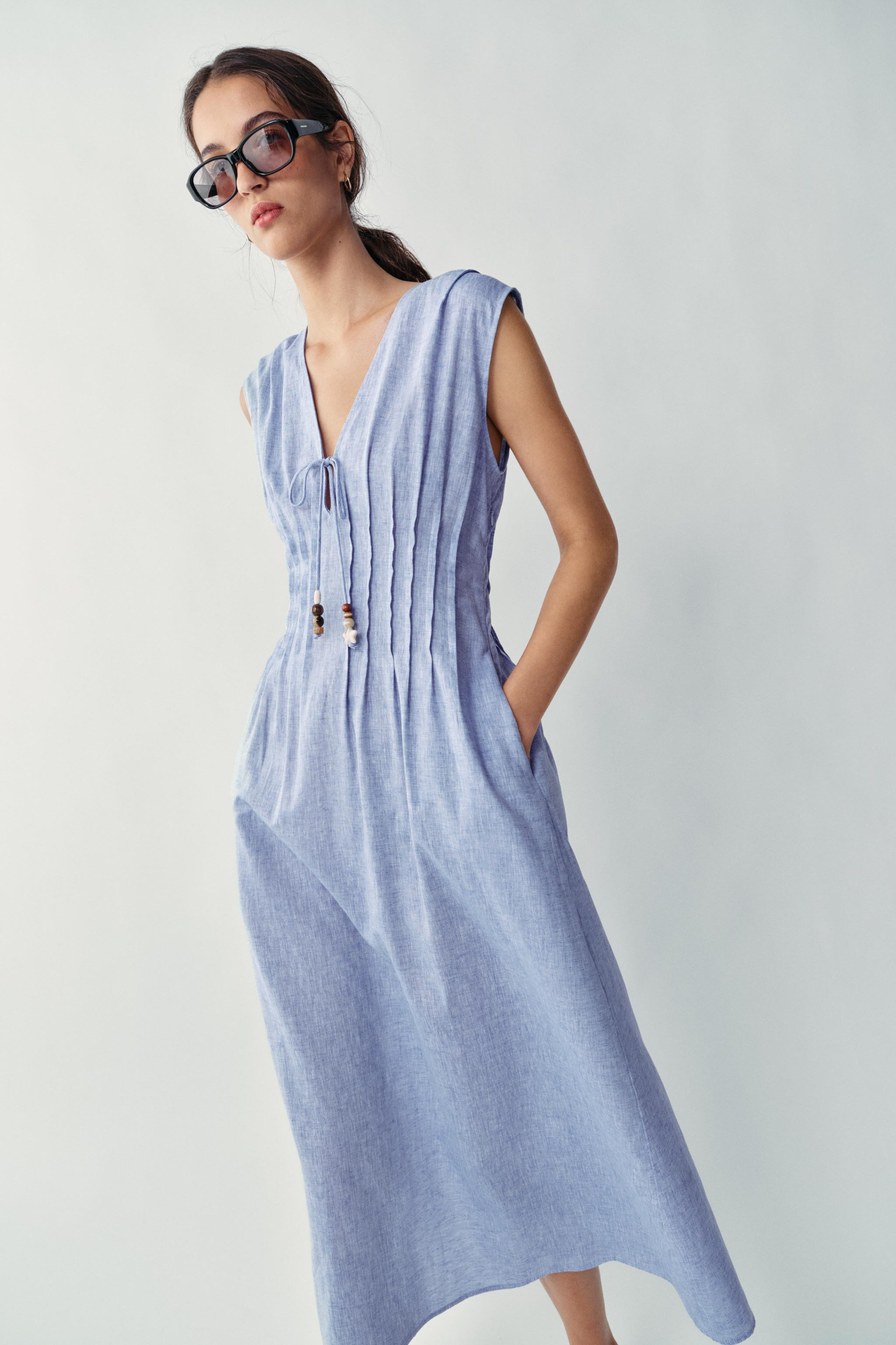 LINEN PINTUCK MIDI DRESS | Zara US