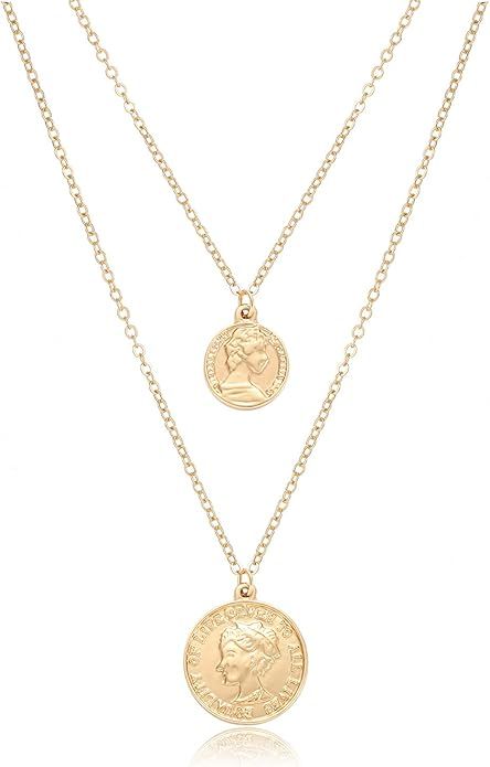 HZEYN Coin Pendant Necklace Gold Layered Choker Necklace Charm Coin Medallion Necklace for Women | Amazon (US)