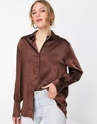Pretty Lavish satin shirt in chocolate brown - part of a set | ASOS (Global)