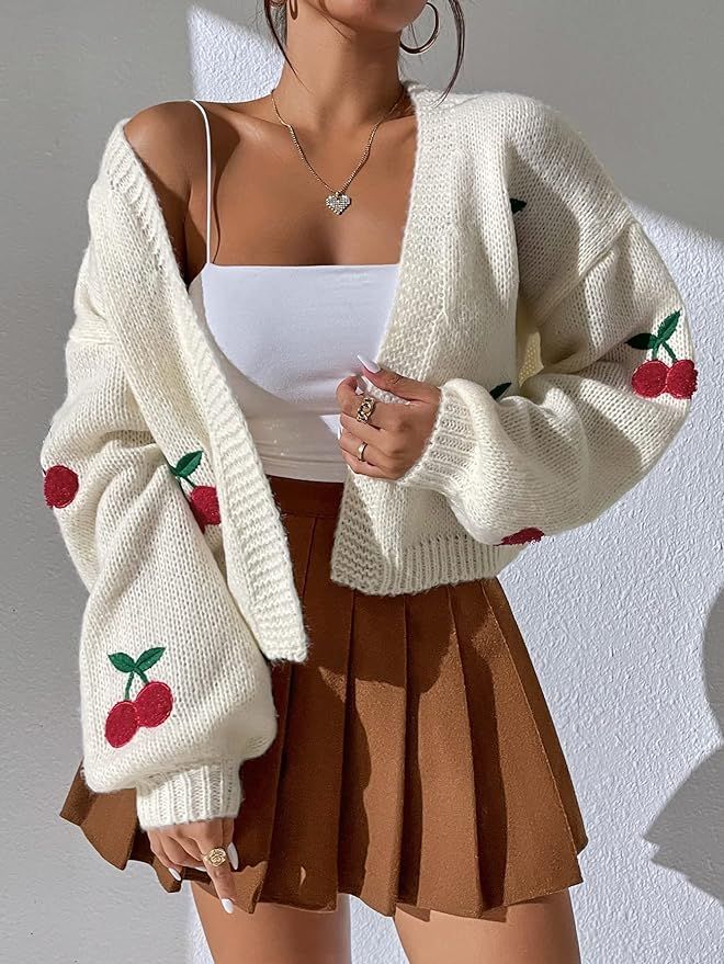 RLOKK Women's Sweater Cherry Embroidery Lantern Sleeve Cardigan Sweater for Women (Color : Beige,... | Amazon (US)