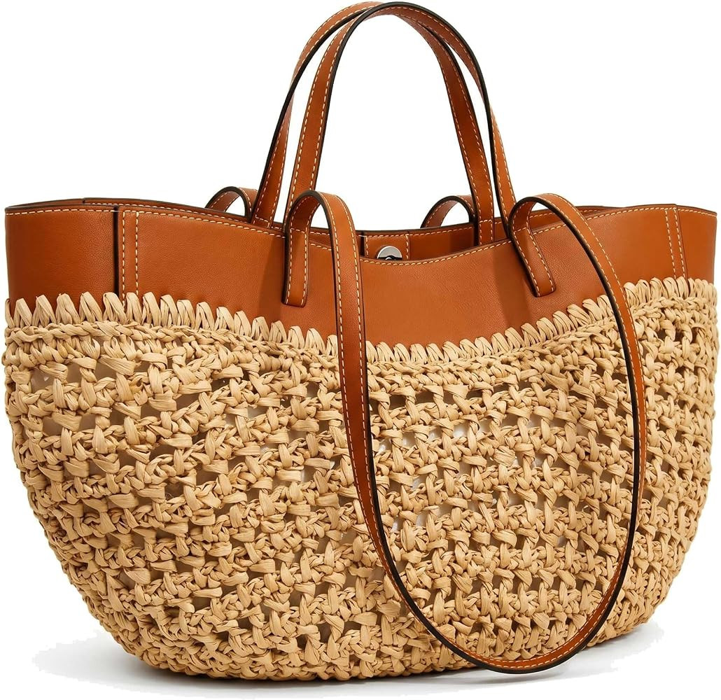 Straw Beach Bags for Women, Boho Summer Purse Tote with PU Shoulder Strap | Amazon (US)