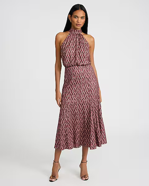 Satin Printed Mock Neck Sleeveless Tie Back Midi Dress | Express