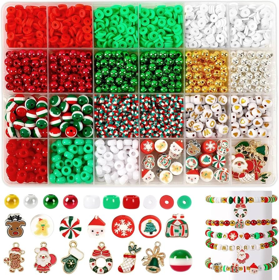 UPINS 2100PCS+ Christmas Bracelet Making Kit, Christmas Red Green White Gold Clay Beads for Frien... | Amazon (US)