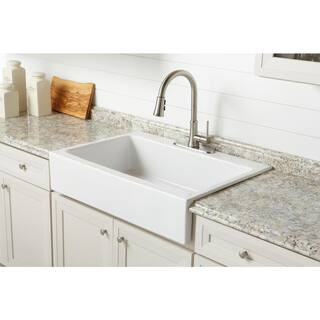 SINKOLOGY Josephine Apron Front Farmhouse 34 in. 3-Hole Single Bowl Kitchen Sink in Crisp White... | The Home Depot