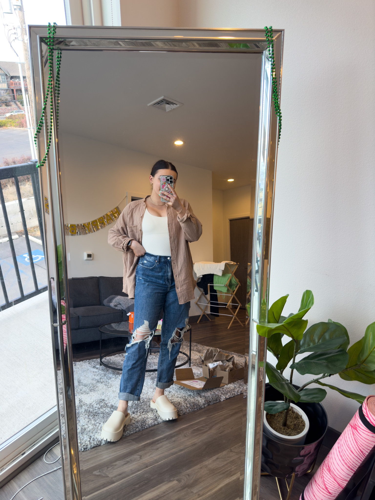 Casual and neutral spring outfit idea! Featuring a lightweight button up and boyfriend jeans. 

I’m wearing a M bodysuit and button down with size 31 jeans and size 9 clogs

#LTKshoecrush #LTKunder100 #LTKSeasonal