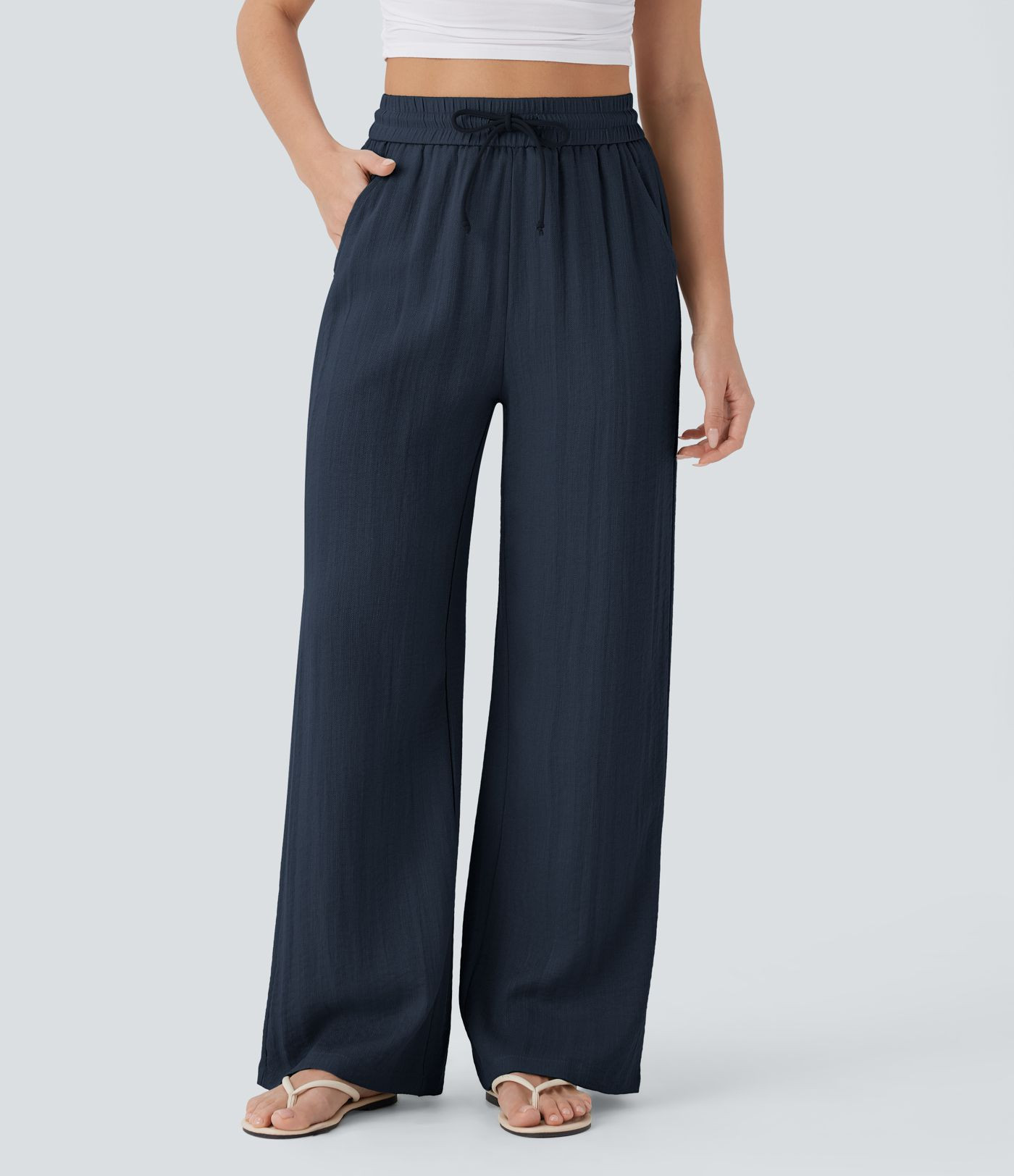 High Waisted Drawstring Pocket Wide Leg Casual Linen-Feel Pants | HALARA