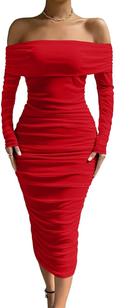 LAGSHIAN Women Sexy Off Shoulder Long Sleeve Bodycon Ruched Midi Elegant Cocktail Party Dress | Amazon (US)
