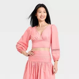 Women's Long Sleeve Eyelet Detail Top -  A New Day™ Pink M | Target