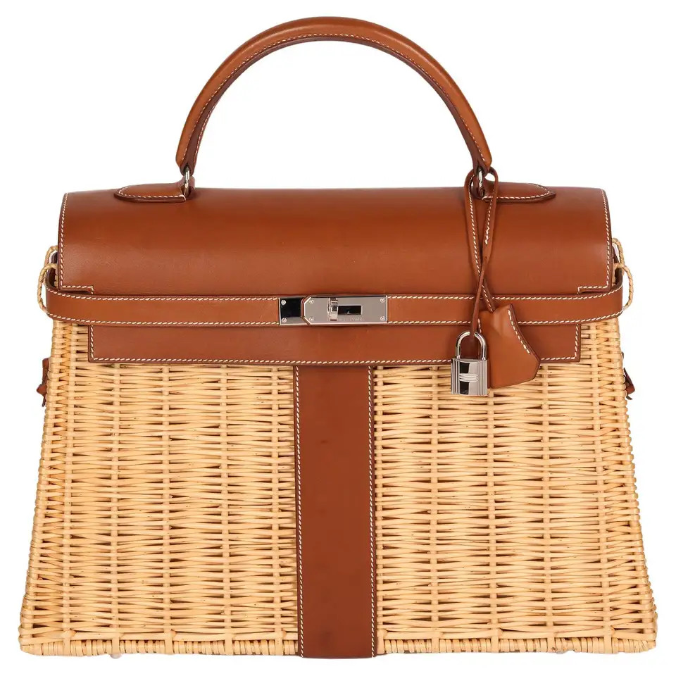 HERMÈS Barenia Leather & Wicker Kelly 35cm Picnic | 1stDibs