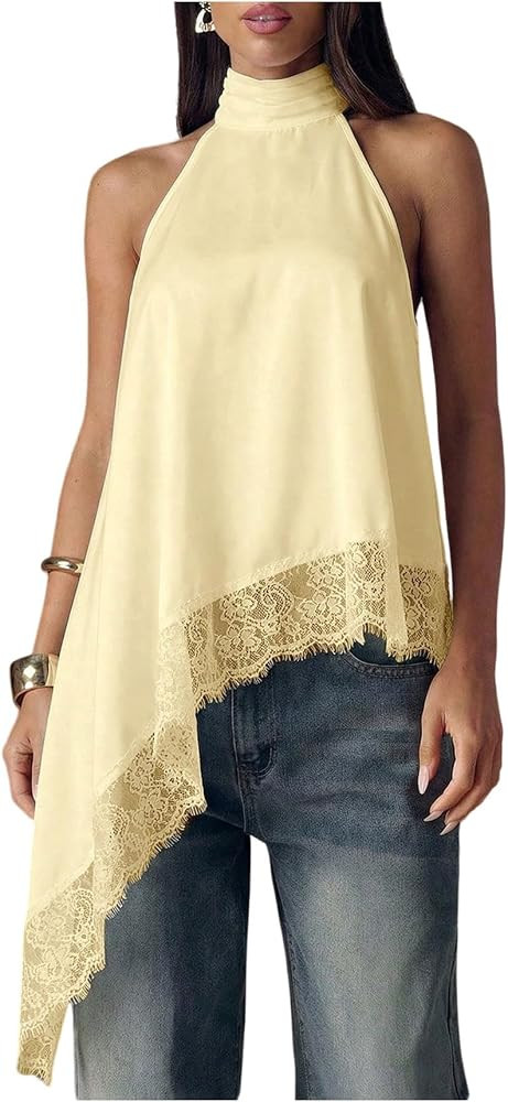 Milumia Women's Halter Neck Sleeveless Top Lace Asymmetrical Hem Summer Going Out Tank Tops | Amazon (US)