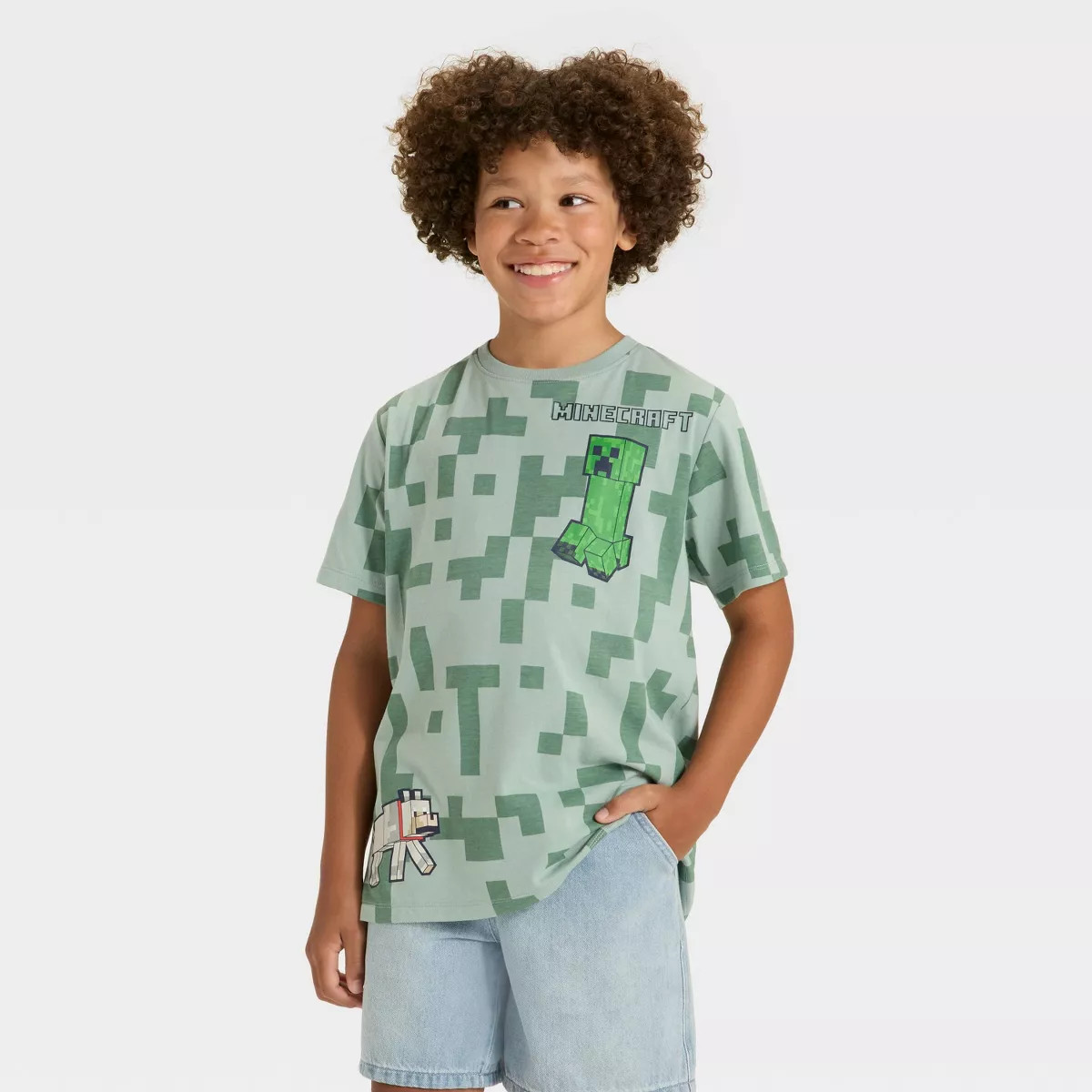 Boys' Minecraft Creeper & Dog Short Sleeve Graphic T-Shirt - Sage Green | Target