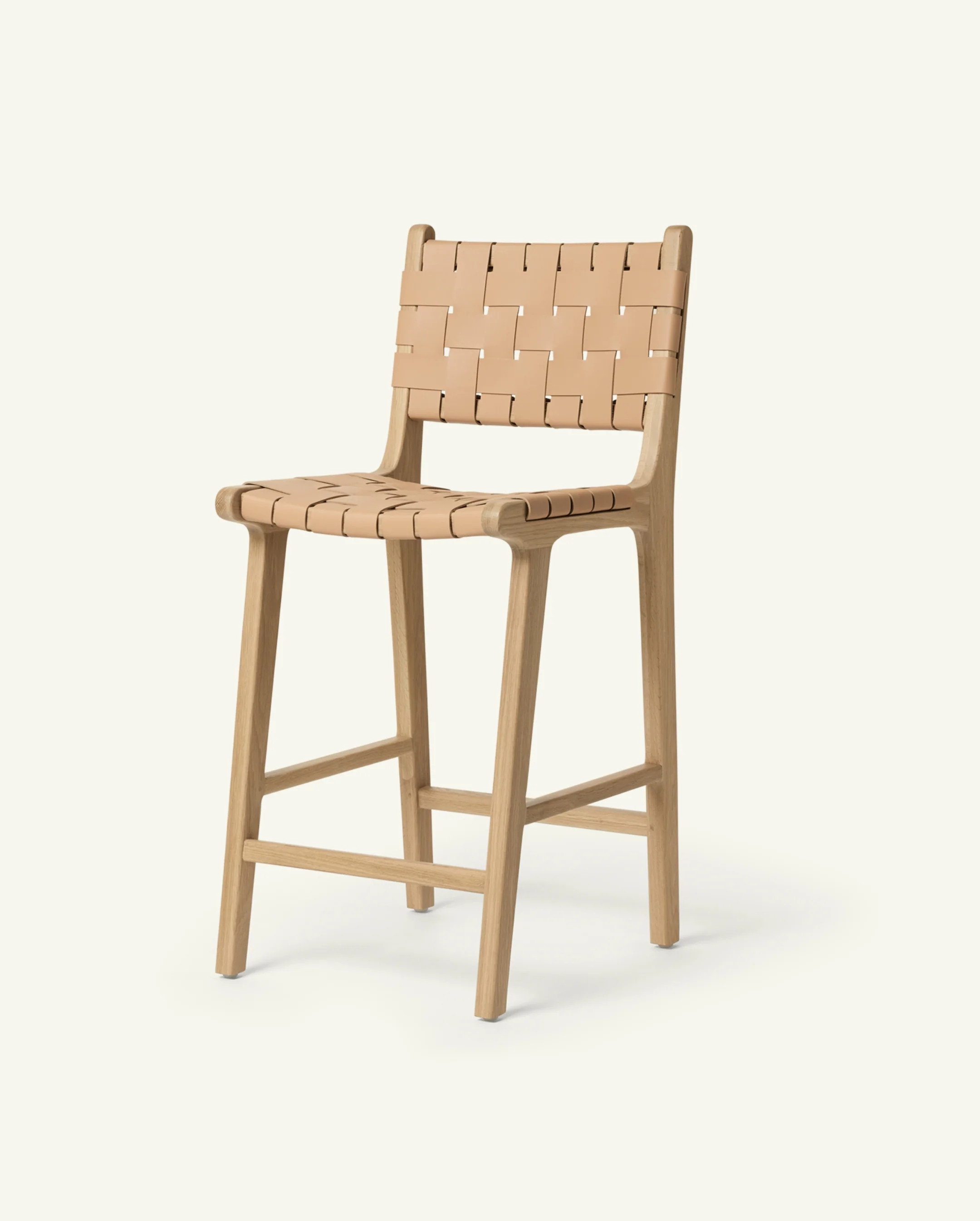 Stool #2 - Counter Stool in Teak with Woven Neutral Leather | Hati Home