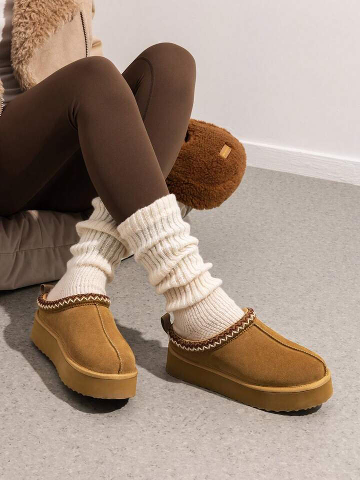 Genuine Suede Women's Fashion Platform Slippers - Short Ankle Boot With Anti-Slip Sole- Cozy, Fuz... | SHEIN