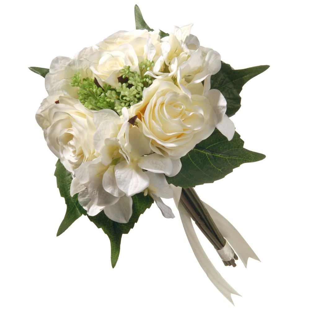 National Tree Company 12.2 in. Artificial Mixed Cream Rose and Hydrangea Bouquet | The Home Depot