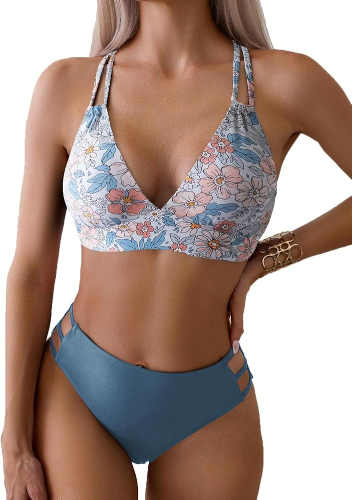 Fanuerg Women's Sexy V Neck Bikini Sets Hollow Out Two Piece Swimsuits Cutout Mid Waist Bathing S... | Amazon (US)