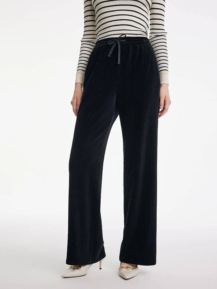 Waist Drawstring Knitted Velvet Straight Pants | GOELIA