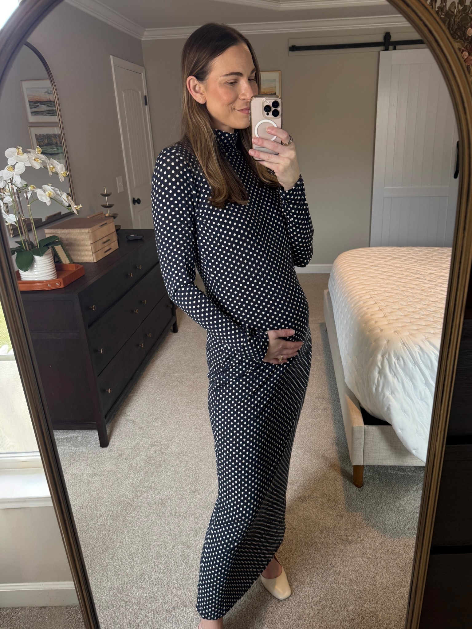 Winter Baby Shower Dress - Navy blue and white polka dots 

Wearing size large. Sized up 2 sizes for bump

#LTKBump