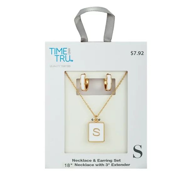 18" Initial S Personalization Necklace with Huggie Hoops in White Epoxy and Imitation Gold Plate | Walmart (US)