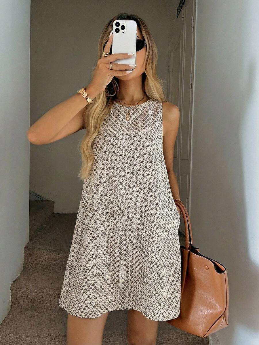 LocalSHEIN LUNE Round Neck Slant Pocket A-Line Sleeveless Dress, Geometric Repeating Print, Casua... | SHEIN