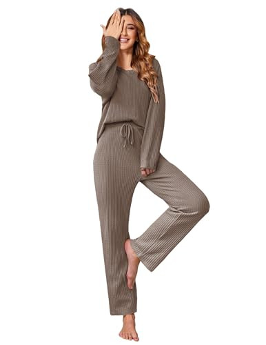 Ekouaer Women's Waffle Knit Pajama Sets Comfy Long Sleeve Lounge Sets 2 Piece Matching Pj Sets wi... | Amazon (US)