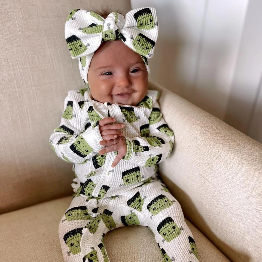 Organic Waffle Ruffle Zip Footie, Halloween Monster | SpearmintLOVE