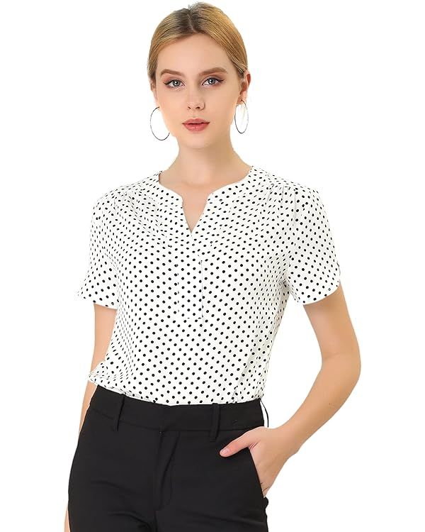 Allegra K Women's Polka Dots Print V Neck Short Sleeve Elegant Work Office Tops | Amazon (US)