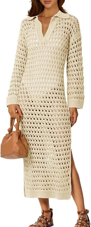 Saodimallsu Womens Crochet Swimsuit Cover Up V Neck Collared Long Sleeve Mesh Knit Split Long Bea... | Amazon (US)