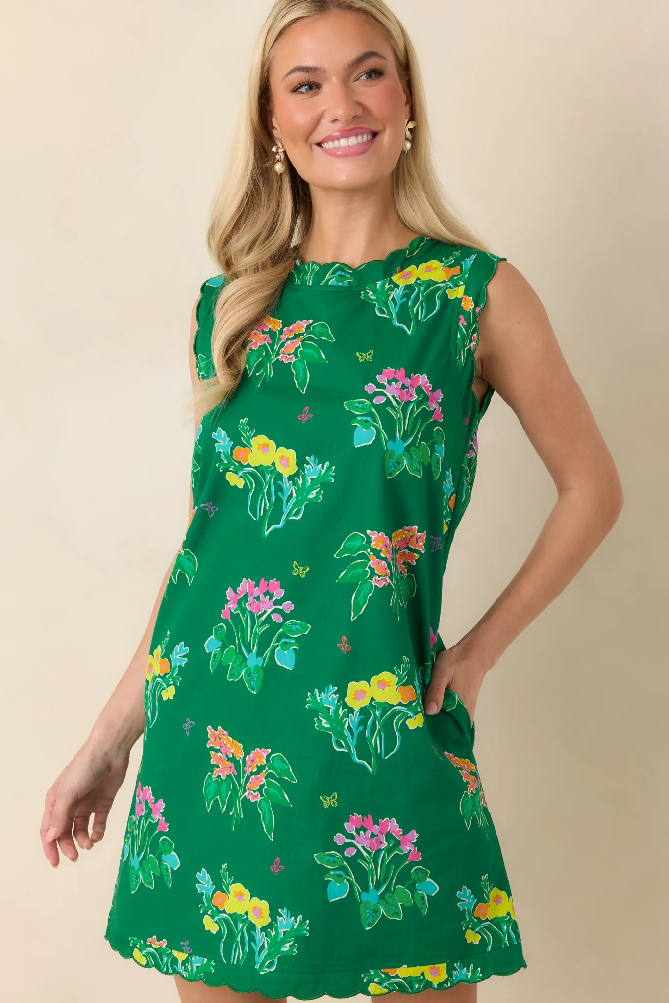 EXCLUSIVE: Prosperina Nellie Green Multi Floral Cotton Sleeveless Mini Dress | Red Dress