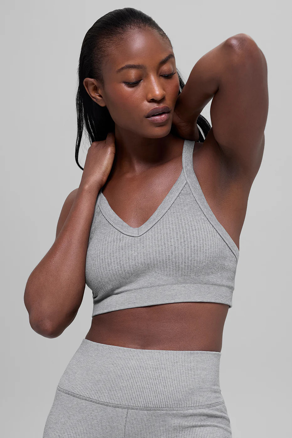 ALO | Seamless Two Tone Rib Bra in Light Misty Grey Heather, Size: 2XS | Alo Yoga