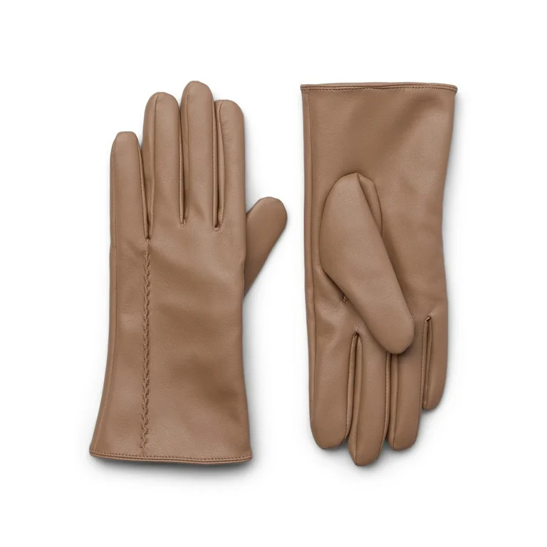 Time and Tru Women's Faux Leather Winter Gloves with Side Stitching, S/M, Tan | Walmart (US)