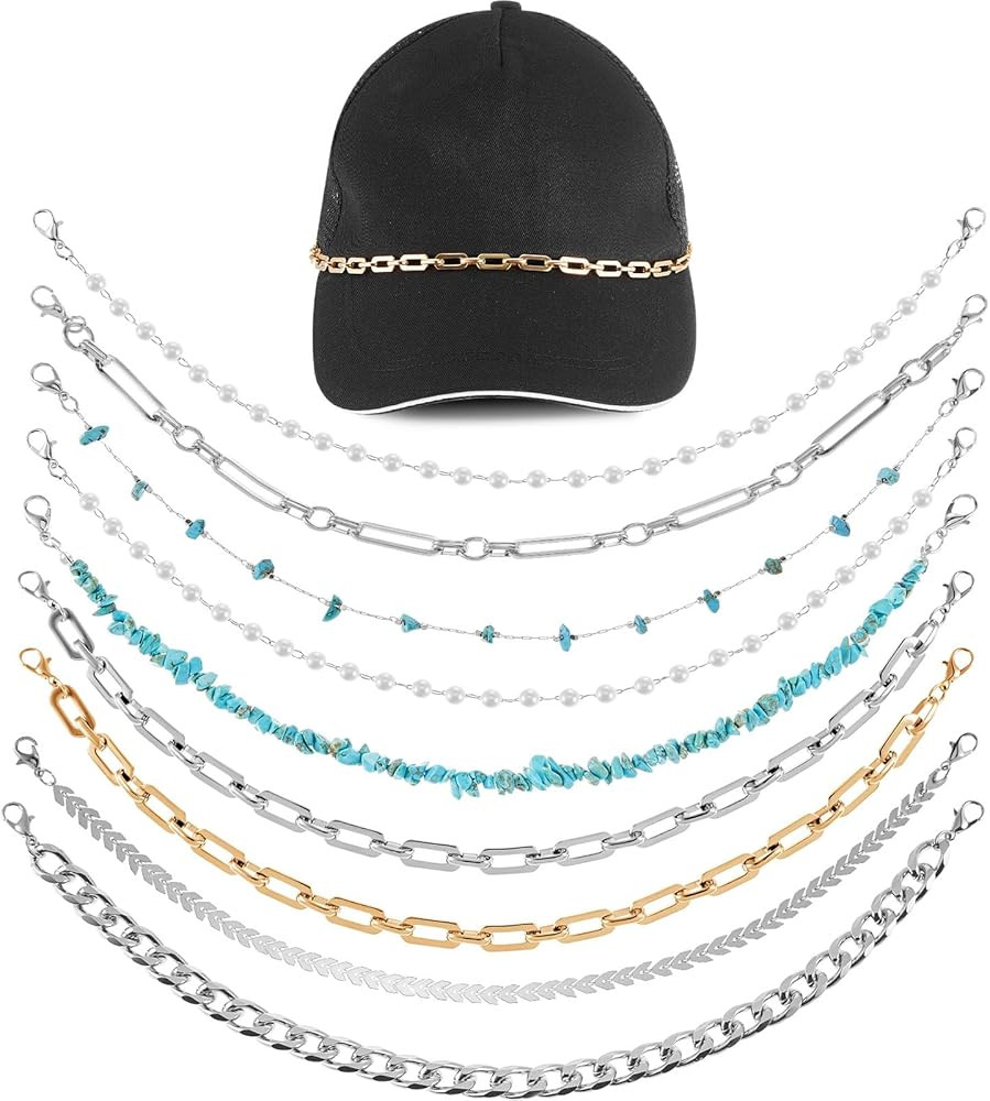 9 Pcs Trucker Hat Chains Charms for Women Man Bill Decoration DIY Pearl Metal Chains for Mesh Bas... | Amazon (US)