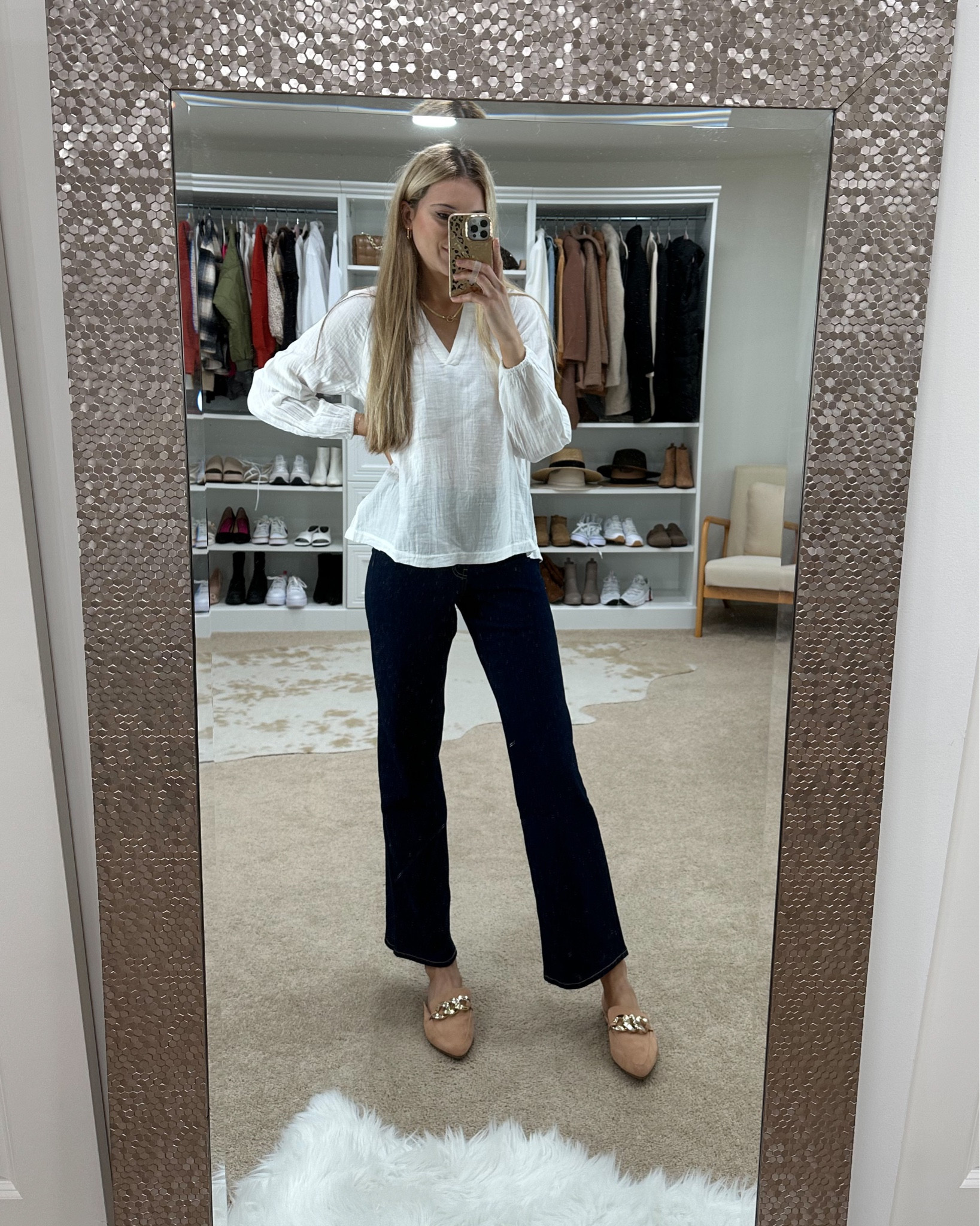 Old navy work outfit. Workwear. Work outfit. Chain loafer. Wearing small in top and 0reg in the wide leg jeans  

#LTKworkwear #LTKsalealert #LTKunder100