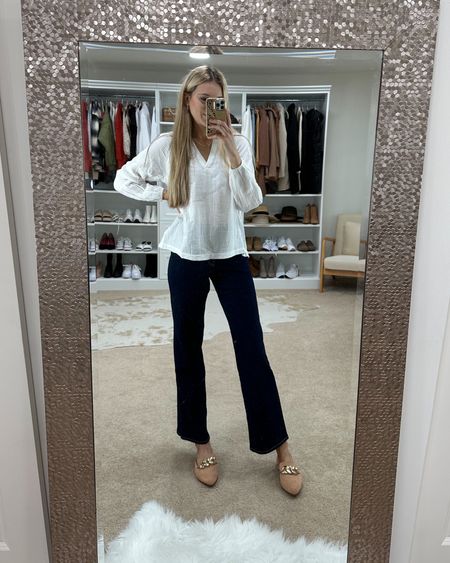 Old navy work outfit. Workwear. Work outfit. Chain loafer. Wearing small in top and 0reg in the wide leg jeans  

#LTKworkwear #LTKsalealert #LTKunder100