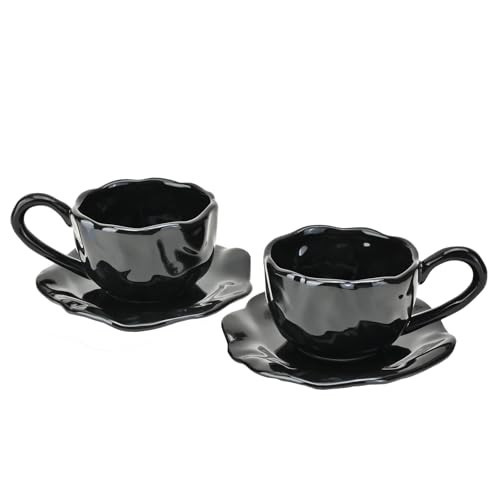 MyBudsBuzz Ceramic Espresso Cups with Saucers 6 oz,Coffe Cups for Cappuccino,Latte,Tea with Saucers Set of 2 - Flods - Black | Amazon (US)