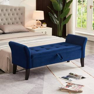 Charlotte Navy Blue 51.5 in. Velvet Upholstered Storage Bedroom Bench with Tufted Seat, Solid Wood Legs, Curved Arms | The Home Depot