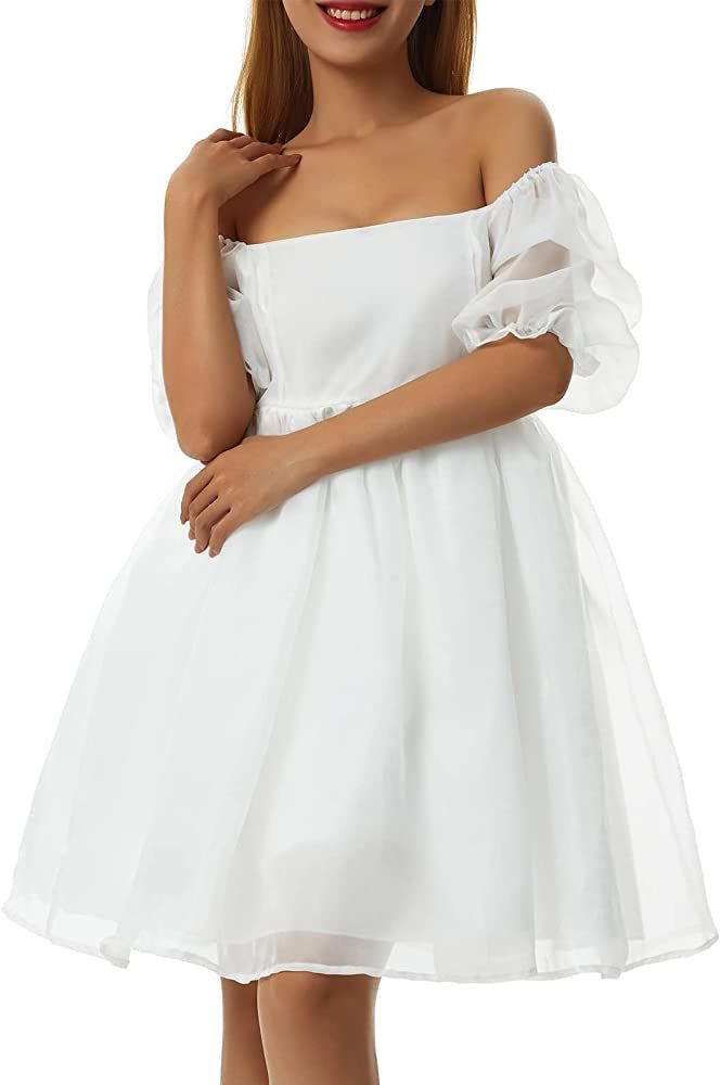 Women's Puff Sleeve Tulle Princess Dress Off Shoulder Square Neck Fairy Mini Dress Tie Dye Party Pro | Amazon (US)