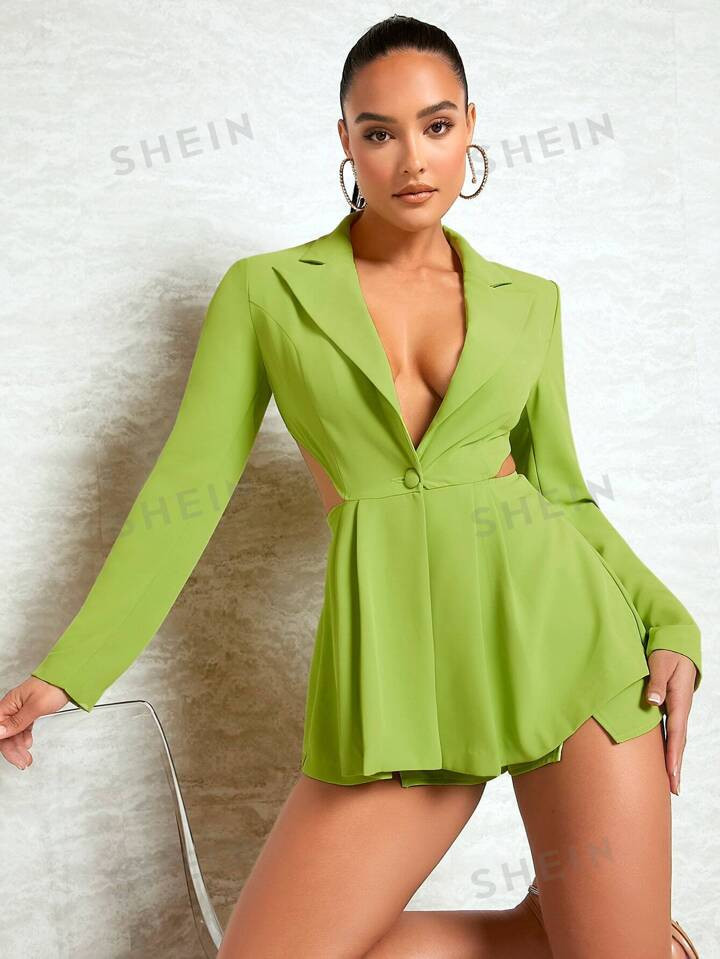 SHEIN BAE Lapel Neck Cut Out Waist Blazer & Split Hem Shorts | SHEIN