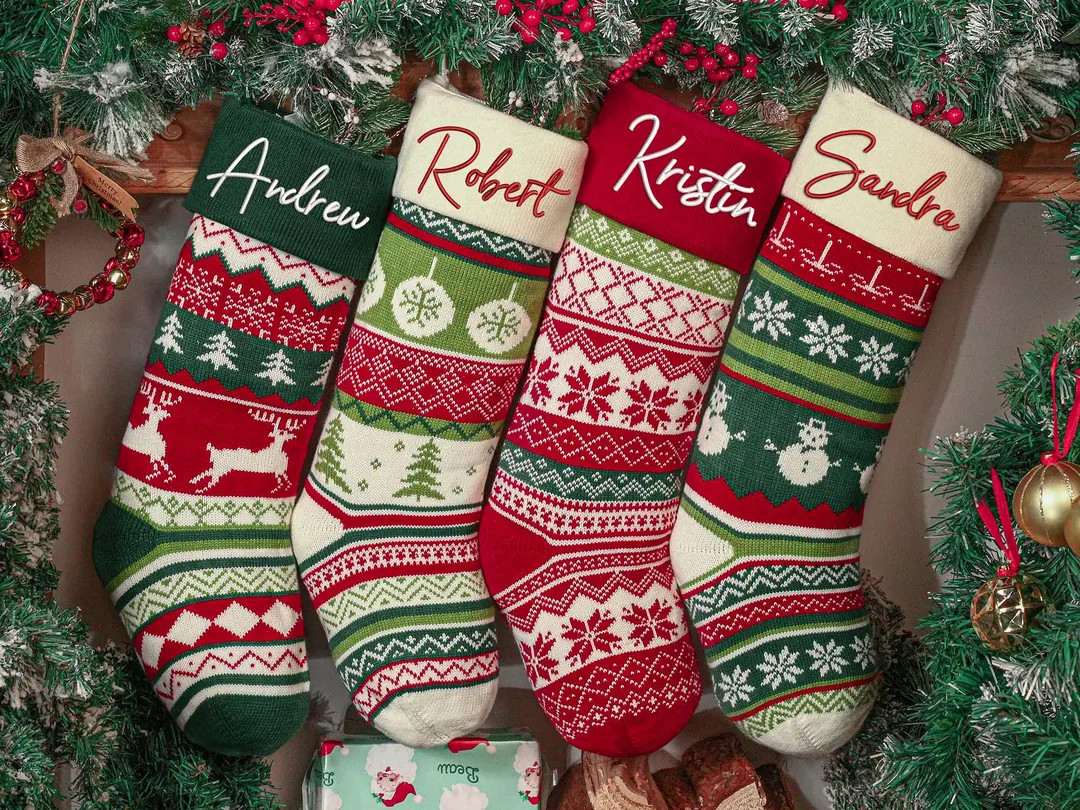Knitted Christmas Stockings, Name Embroidered Christmas Stocking,Holiday Stocking,Monogram Stocki... | Etsy (US)