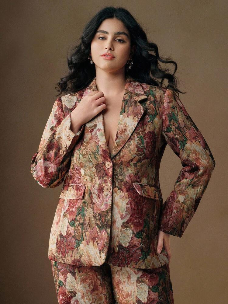 Anewsta Valentine Vintage Floral Random Pattern Waist Cinched Slim Fit Plus Size Women Blazer | SHEIN