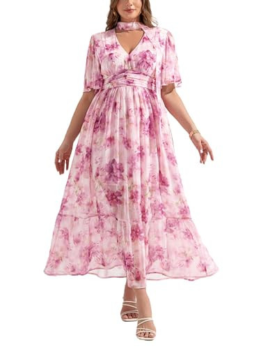 EYWOL Plus Size Wedding Guest Dress - Chiffon Floral Maxi Dress with Flutter Sleeves, Tea Party Dresses for Woman, V Neck High Waist Summer Dresses Pink | Amazon (US)
