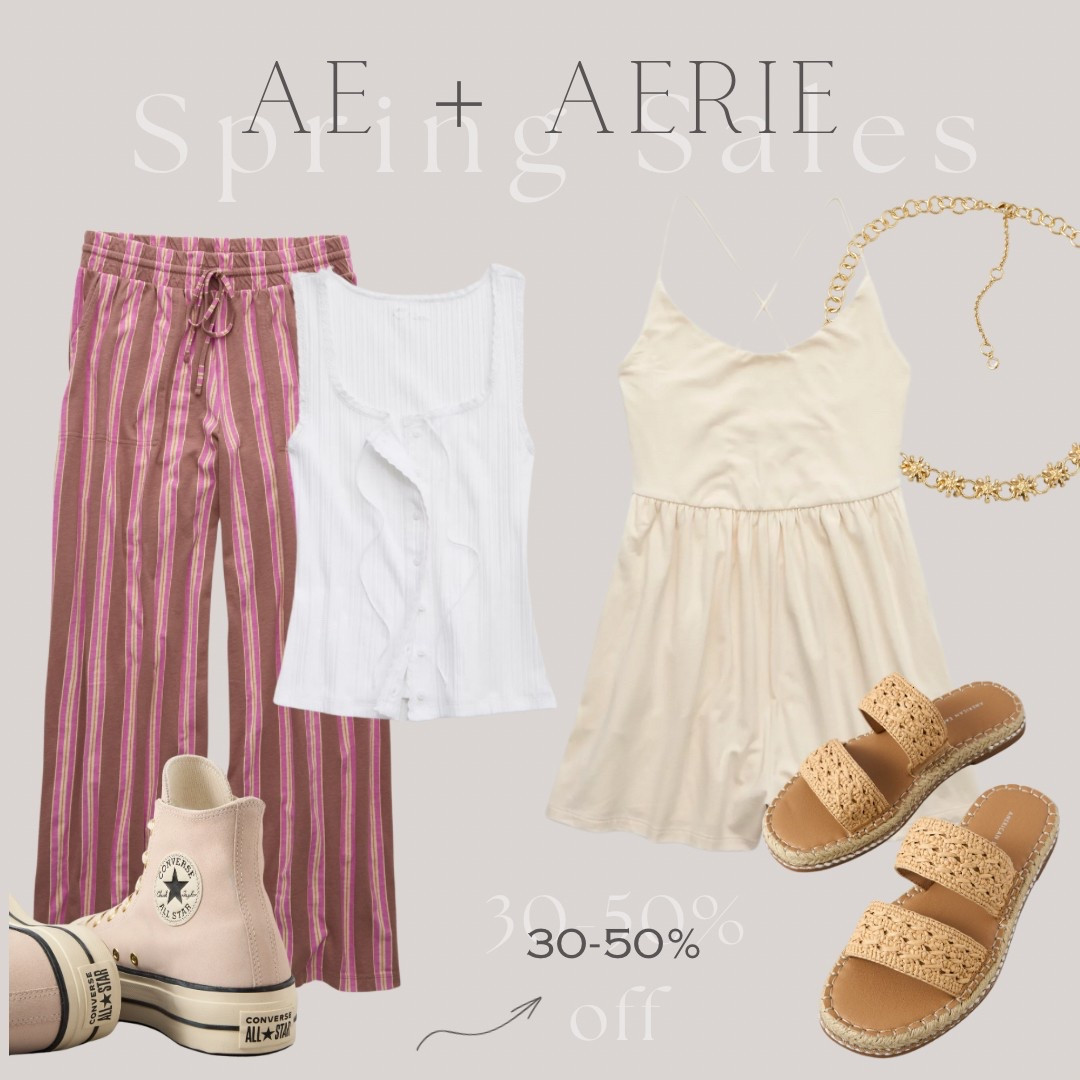 AE + Aerie Spring Sale! 30-50% off! ☀️💗

Knit romper, sandals, spring fashion, spring style, Sun necklace, spring accessories, pink Chuck Taylor converse, striped knit pants, white tank top, spring break 

#LTKStyleTip #LTKSaleAlert #LTKSpringSale