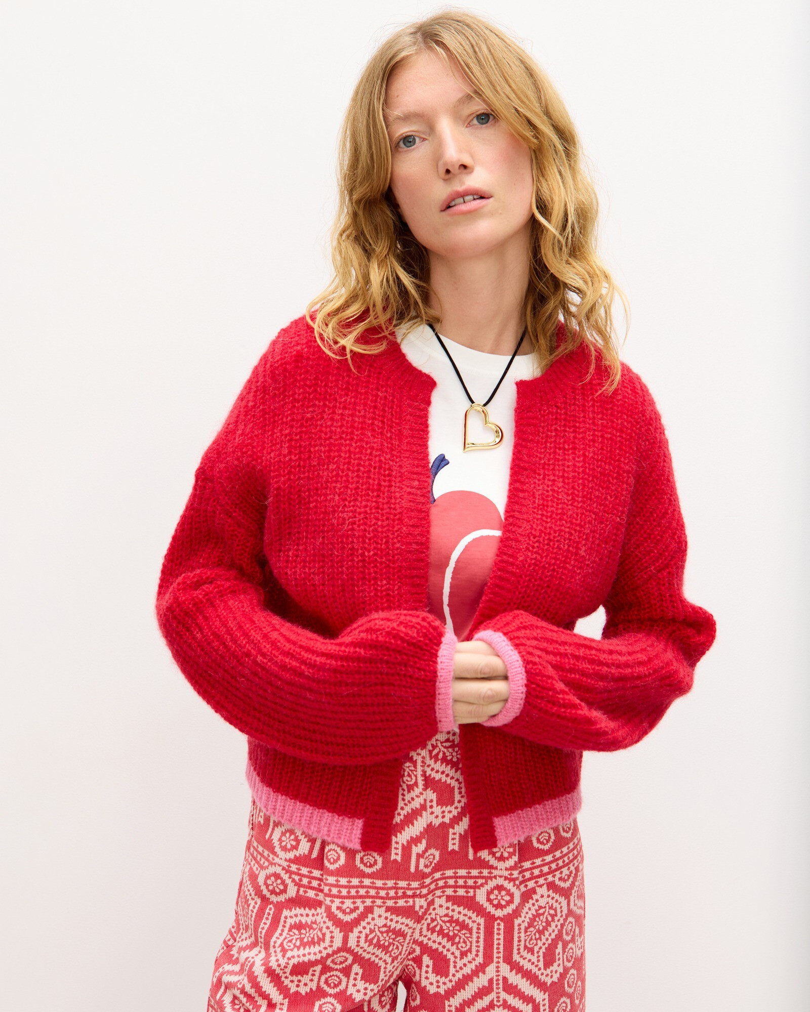 Red & Pink Trim Open Front Knitted Cardigan, size 10 | Oliver Bonas (Global)