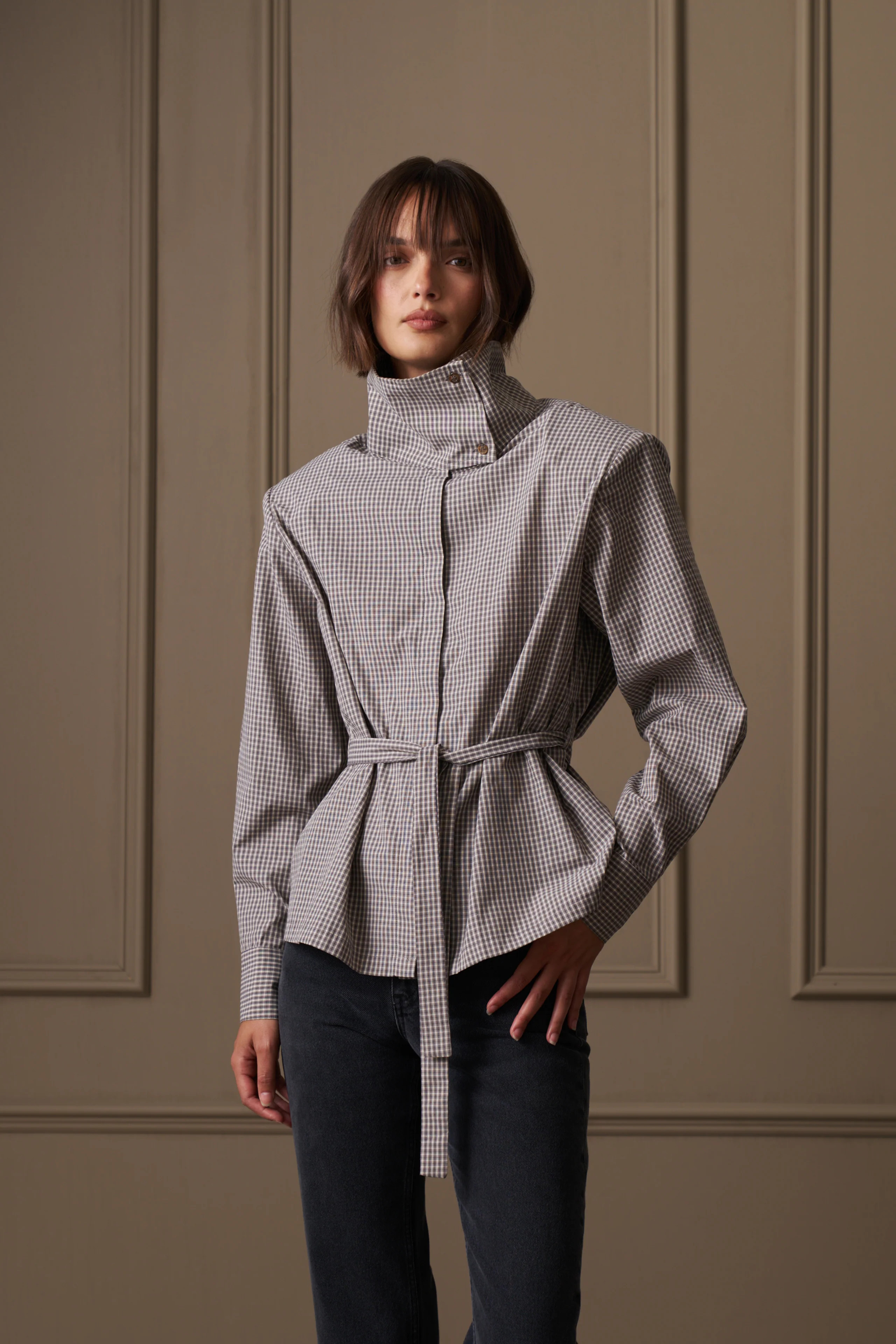 FUNNEL NECK CHECK SHIRT - GREY | The Couture Club