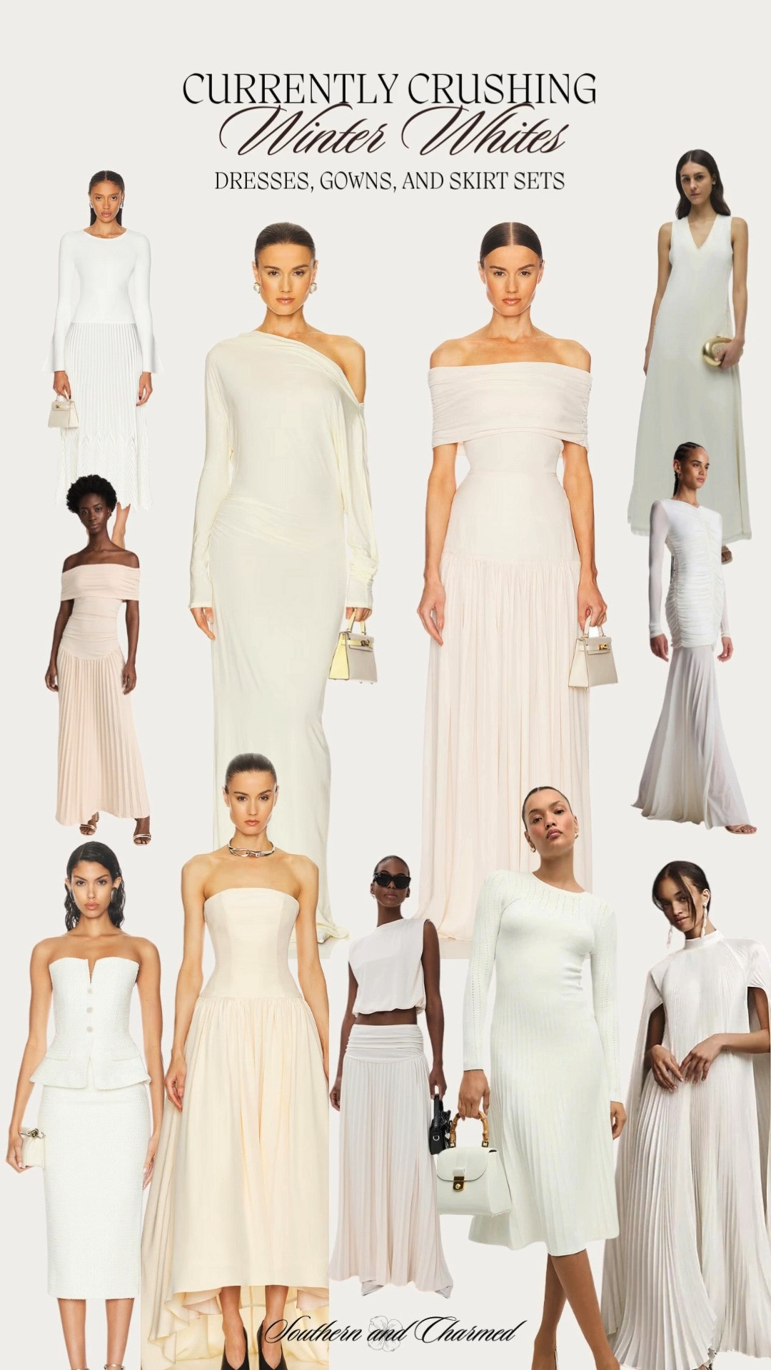 Some stunning winter white cocktail dresses, floor length gowns perfect for black tie events and galas, and skirt sets! 

 