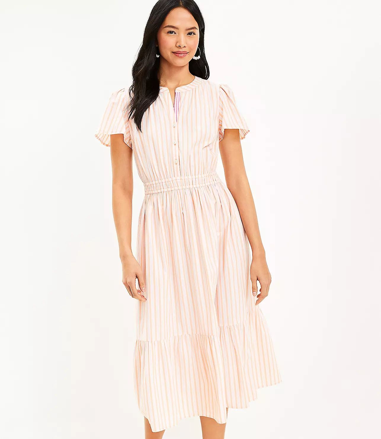 Stripe Smocked Waist Button Midi Dress | LOFT