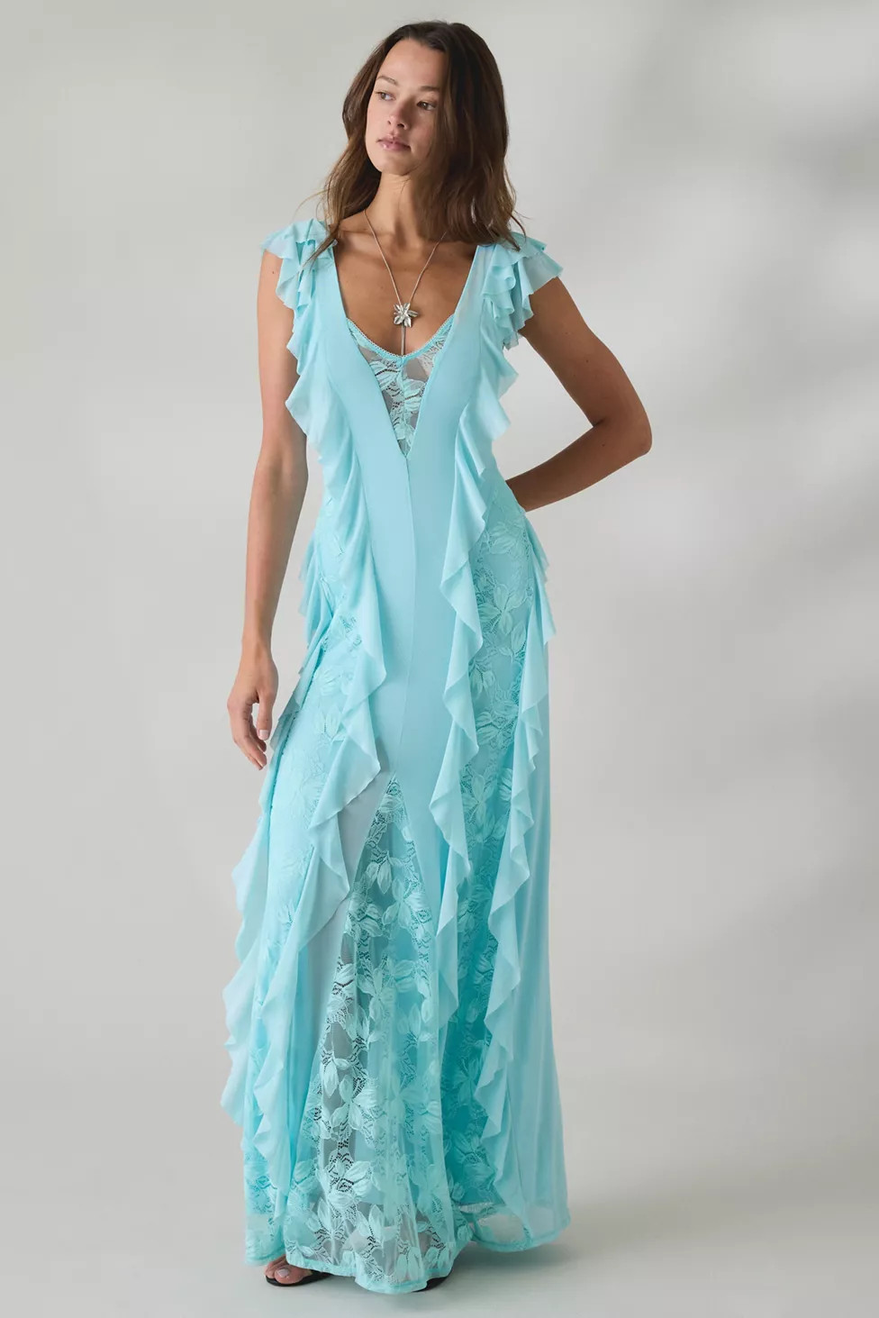 AFRM Trisa Cappuccino Lace Trim Ruffle Maxi Dress | Urban Outfitters (US and RoW)
