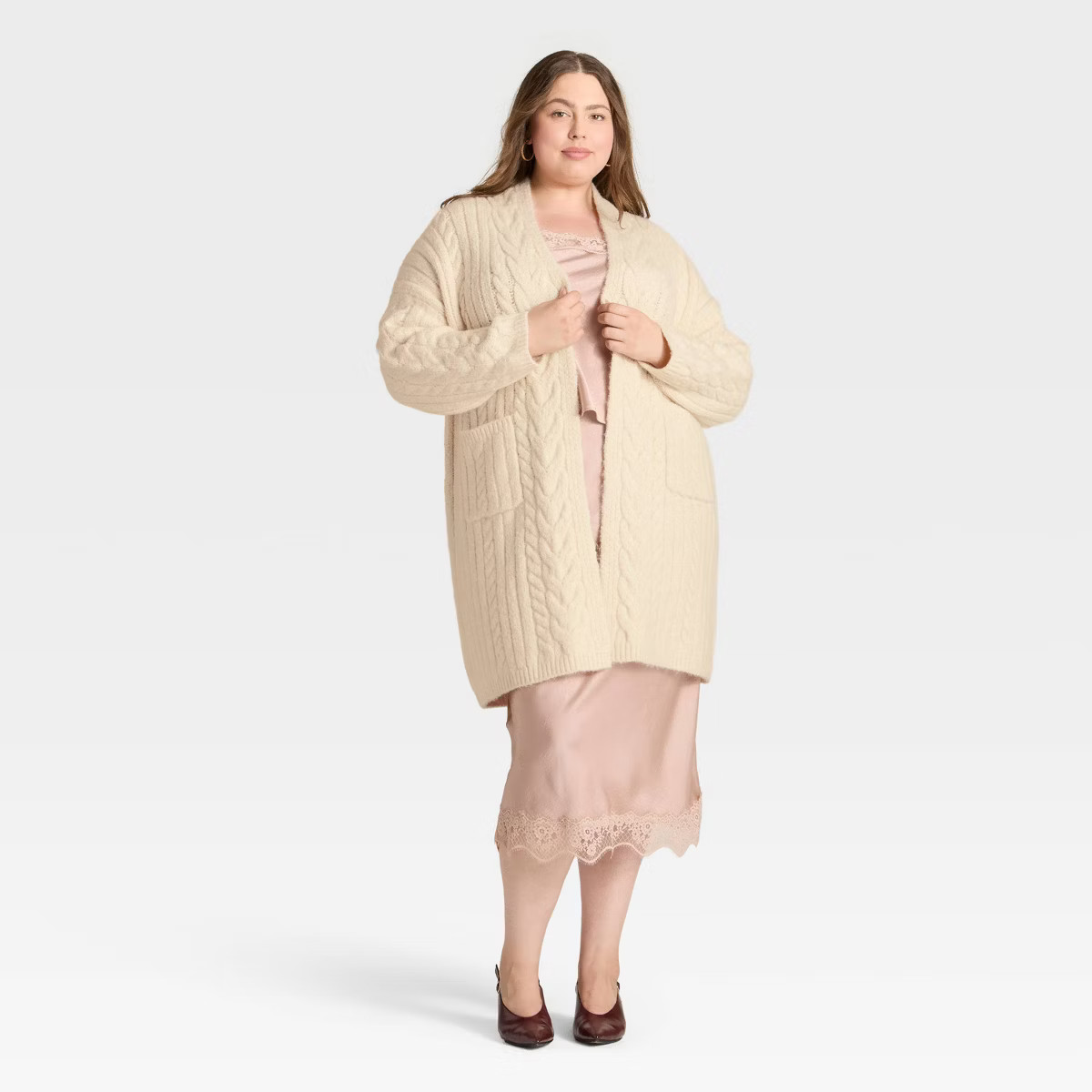 Women's Long Sleeve Round Neck Cabled Cardigan Sweater - A New Day™ Cream | Target