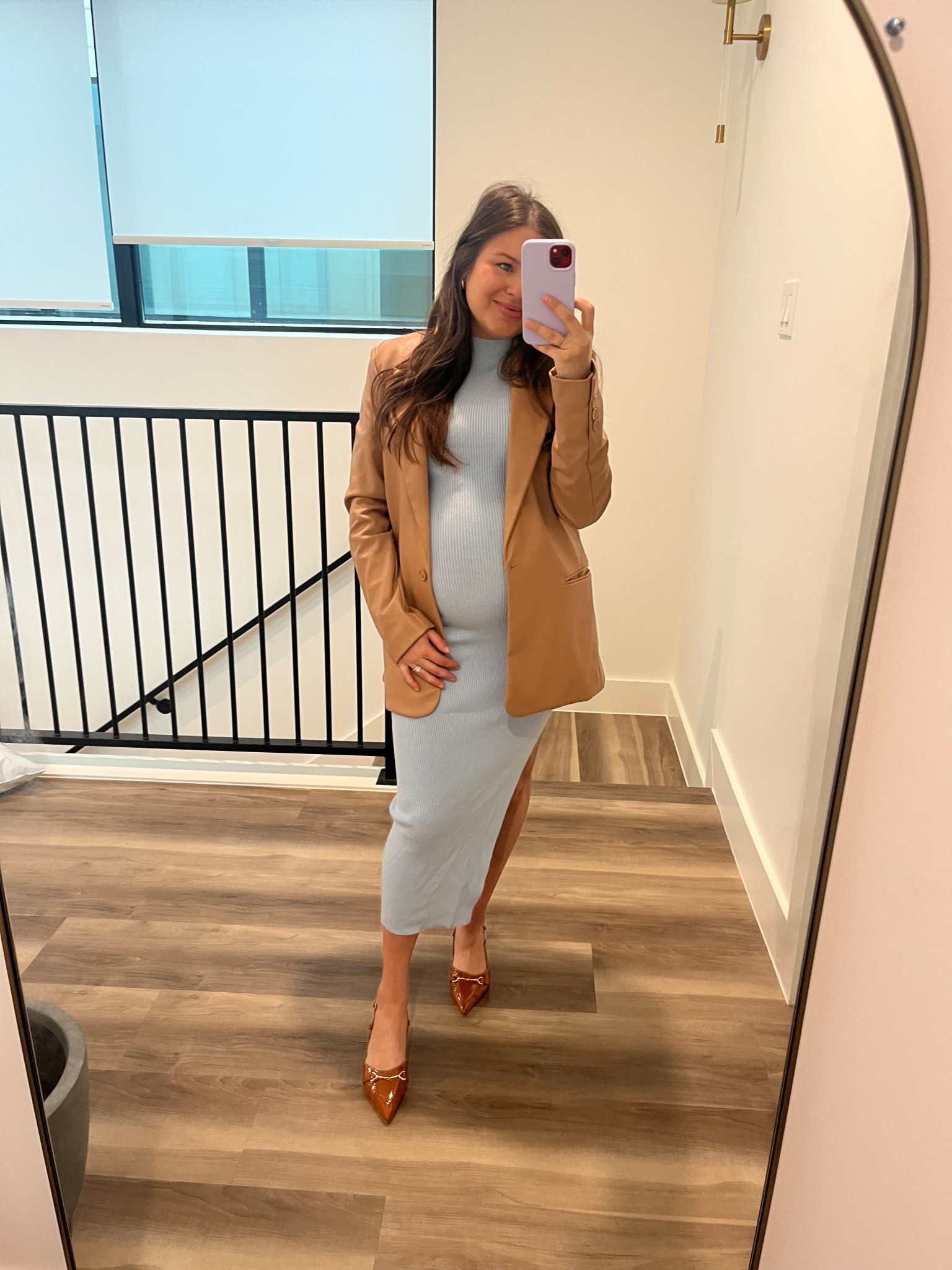 Office outfit of the day! Workwear, bump friendly, Amazon finds, blue ribbed dress, leather blazer, pregnancy work outfit, corporate outfit, office attire, brown patent leather pointed toe heels 

#LTKWorkwear #LTKFindsUnder50 #LTKBump