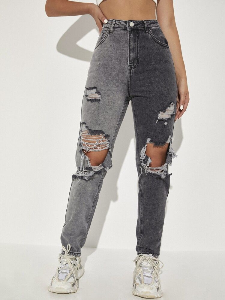 Knee Ripped Two Tone High Waist Jeans | SHEIN
